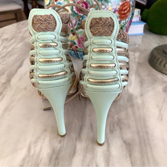 Dolce Vita Hexen Mint & Tan Lace Up Caged Animal Print Snakeskin Heels - Picture 5 of 12